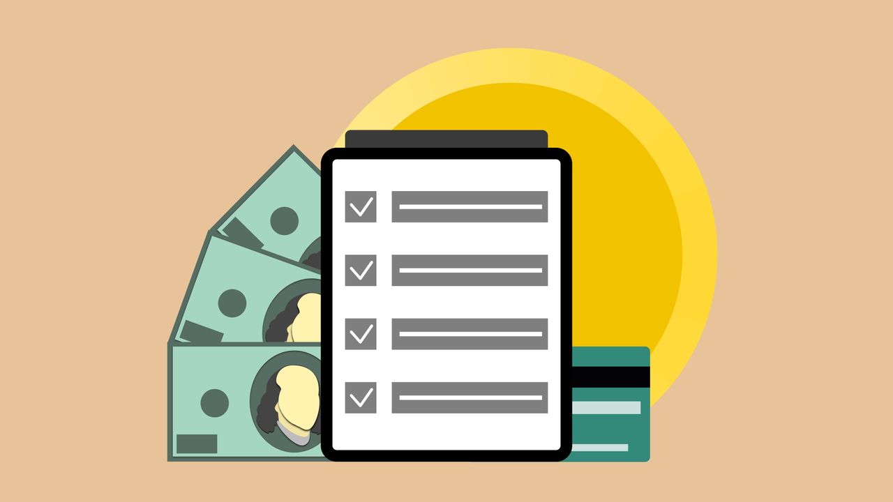 Services Vector illustration of modern tablet with check marks placed near dollar banknotes and credit card